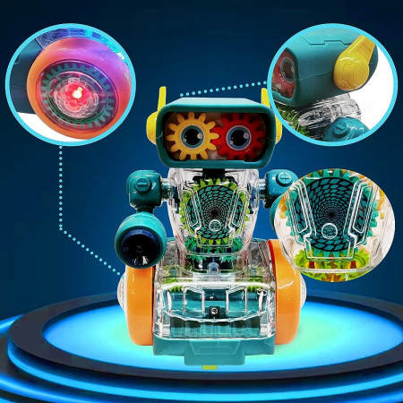Rotating Transparent Gear Robot Toy With Light Music Durable Flashing Robot Toy