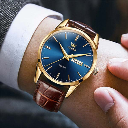 OLEVS Mens Watches Top Brand Luxury Quartz Casual Business Leather Blue dial coffee colour Belt