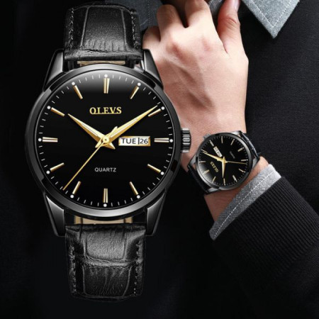 OLEVS Mens Watches Top Brand Luxury Quartz Casual Business Leather-Full Black