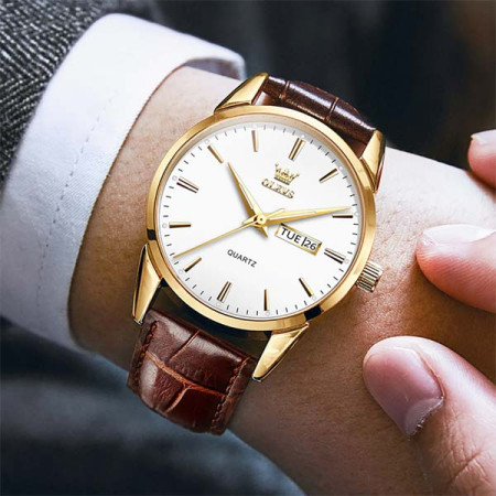OLEVS Mens Watches Top Brand Luxury Quartz Casual Business Leather - white dial coffee colour Belt