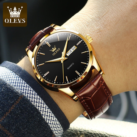 OLEVS Mens Watches Top Brand Luxury Quartz Casual Business Leather Black dial coffee colour Belt