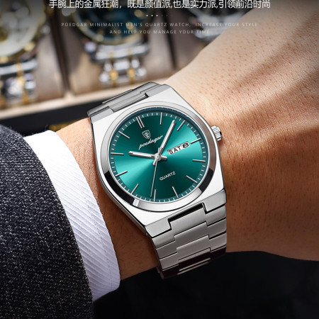 POEDAGAR Men's New Luxury Luminous Date Week Stainless Steel Quartz Watch For Men