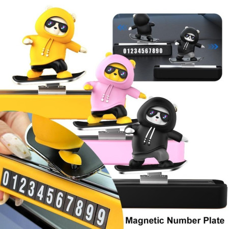 Cute Skateboard Bear With Magnetic Parking Phone Number Plate Creative Car Dashboard Decoration Cartoon Car Interior