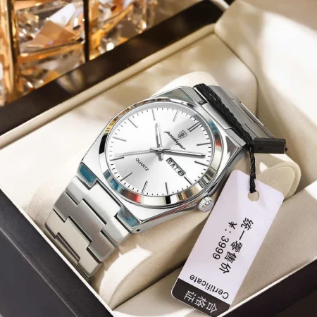WHITE- POEDAGAR Men's New Luxury Luminous Date Week Stainless Steel Quartz Watch For Men.