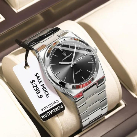 BLACK- POEDAGAR Men's New Luxury Luminous Date Week Stainless Steel Quartz Watch For Men.
